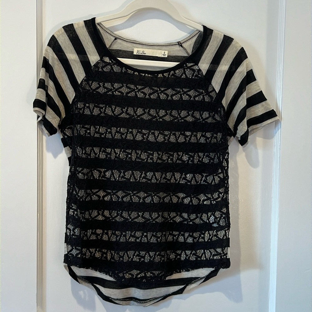 Madewell sheer striped lace front tee.
